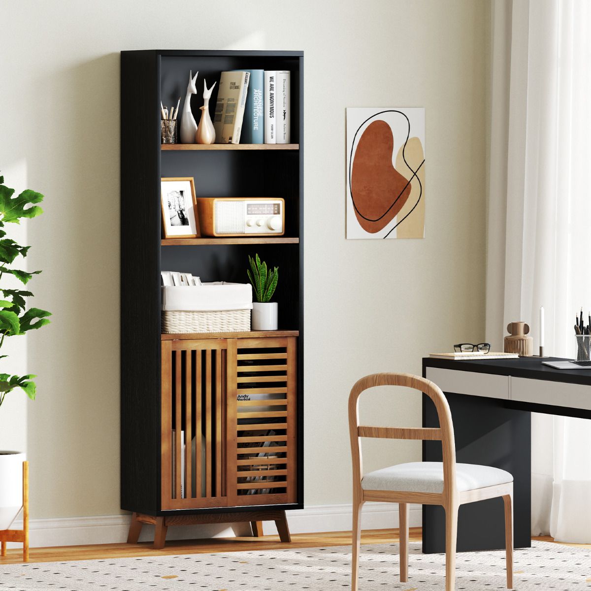 5-Tier Bookcase with Reversible Adjustable Shelf and Sliding Doors