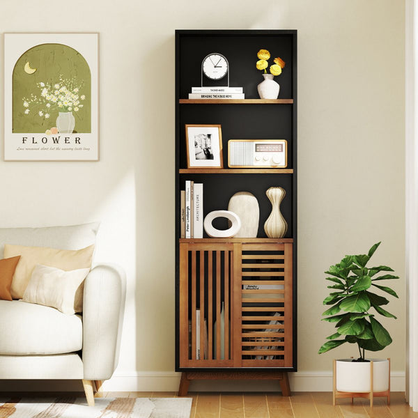 5-Tier Bookcase with Reversible Adjustable Shelf and Sliding Doors