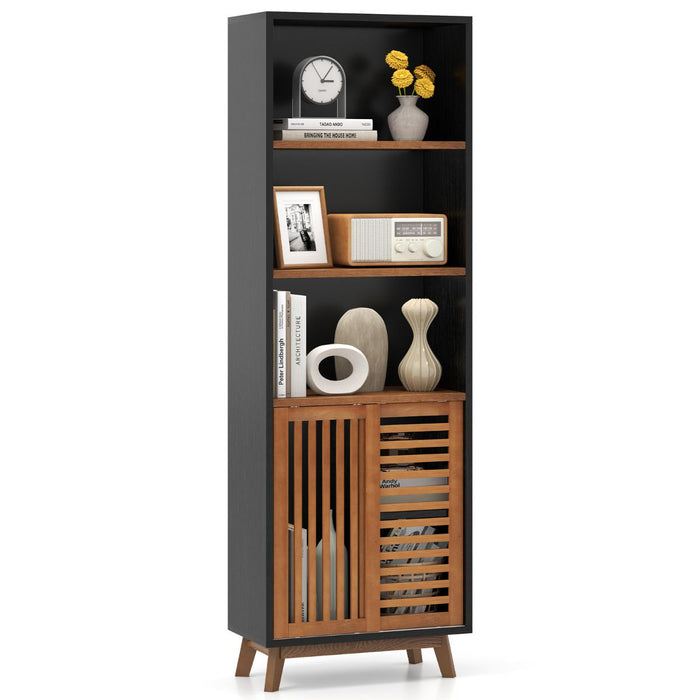 5-Tier Bookcase with Reversible Adjustable Shelf and Sliding Doors