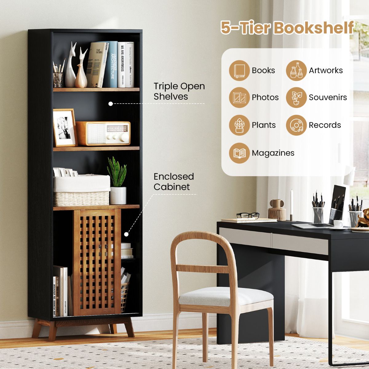 5-Tier Bookcase with Reversible Adjustable Shelf and Sliding Doors