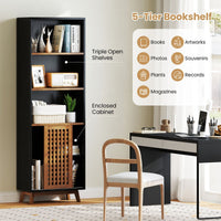 5-Tier Bookcase with Reversible Adjustable Shelf and Sliding Doors