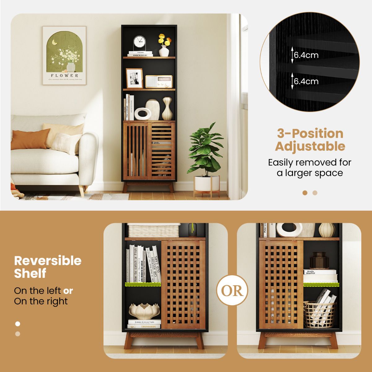 5-Tier Bookcase with Reversible Adjustable Shelf and Sliding Doors