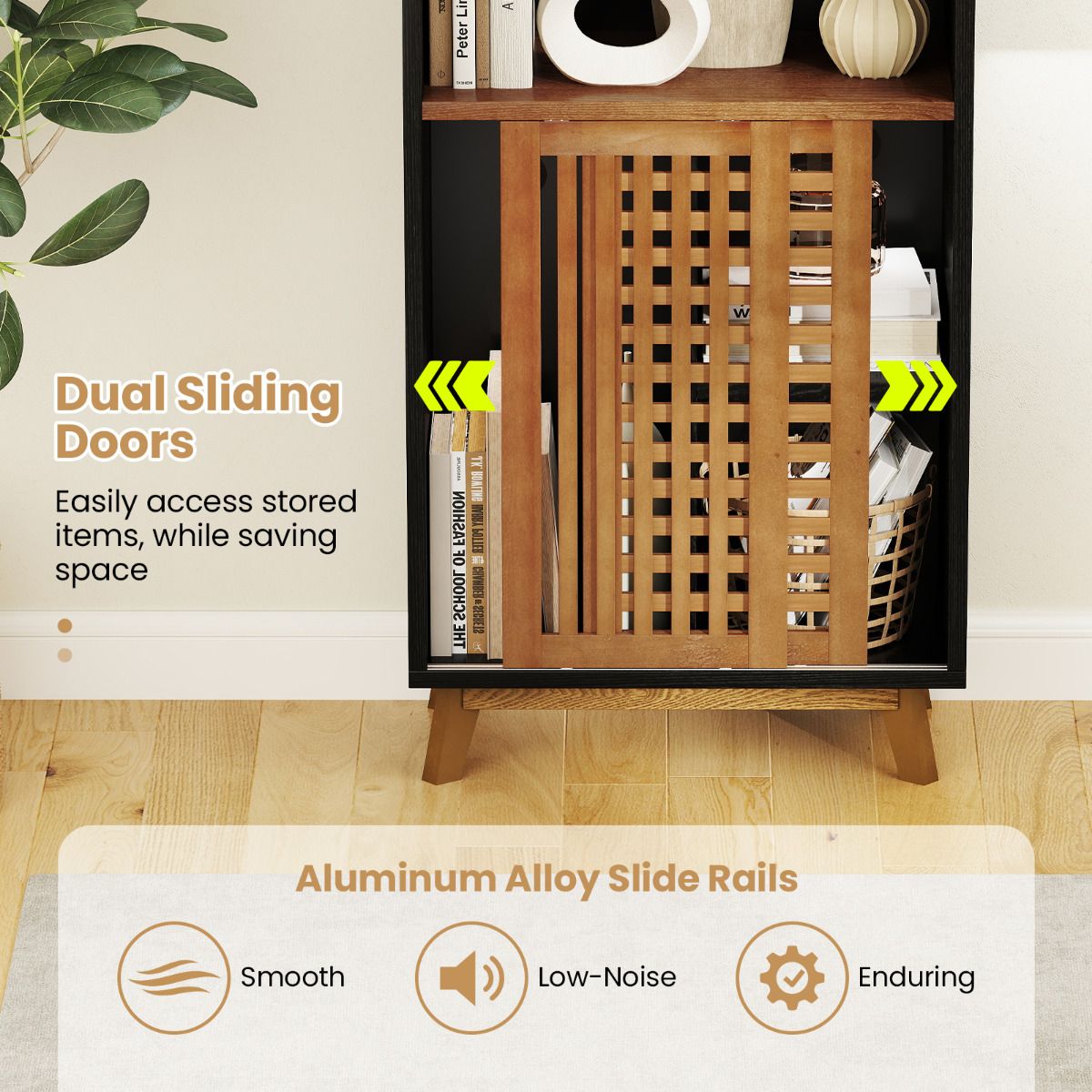 5-Tier Bookcase with Reversible Adjustable Shelf and Sliding Doors