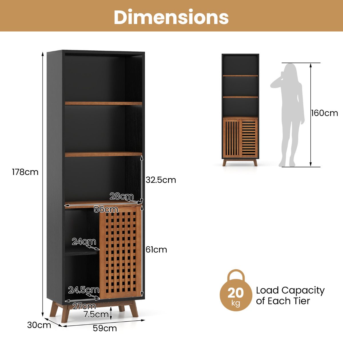 5-Tier Bookcase with Reversible Adjustable Shelf and Sliding Doors