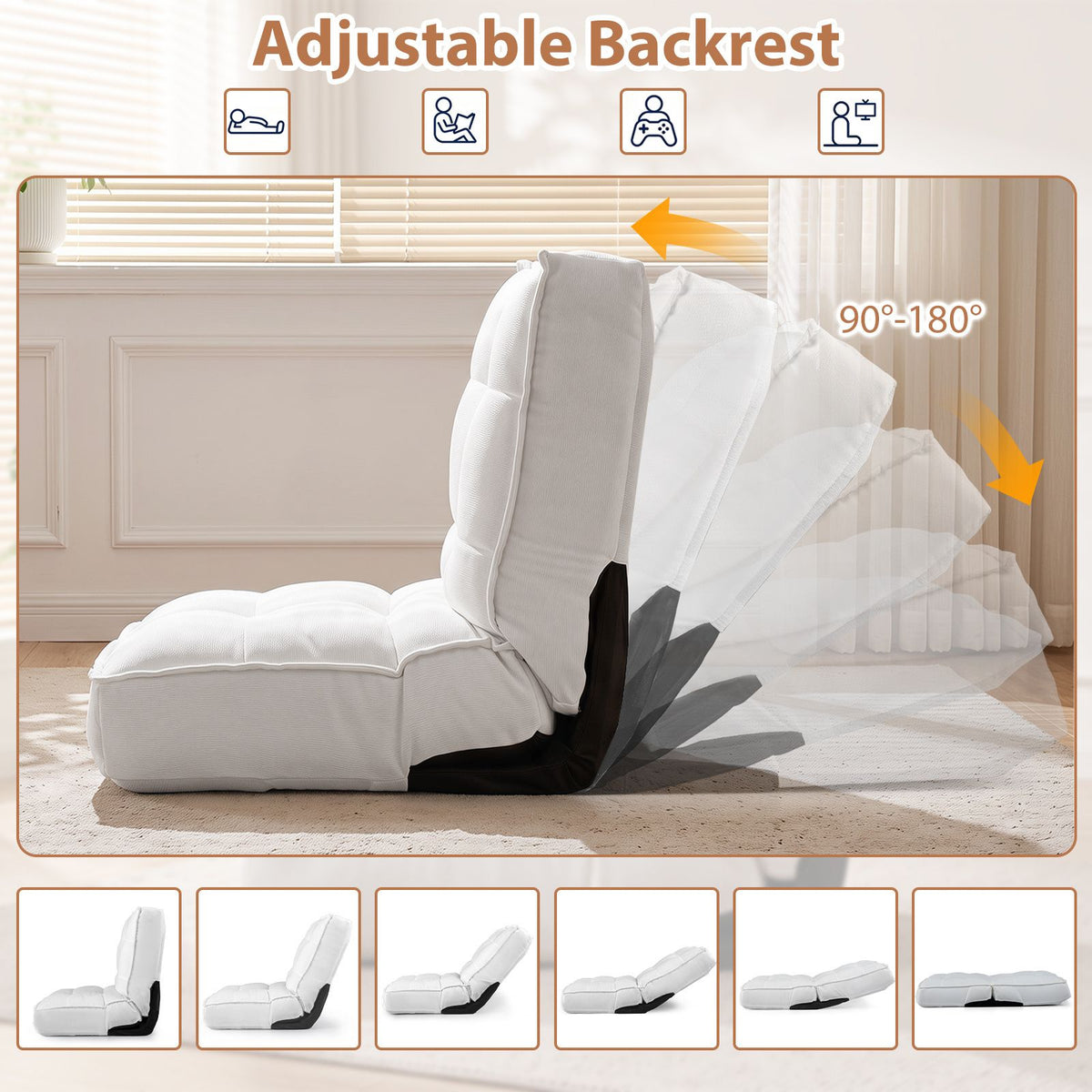 6‑Position Reclining Floor Chair with Soft Fabric and Metal Frame for Living Room