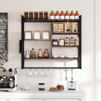 6-Tier Industrial Floating Shelves with 8 S-Hooks and Removable Side Pocket for Kitchen