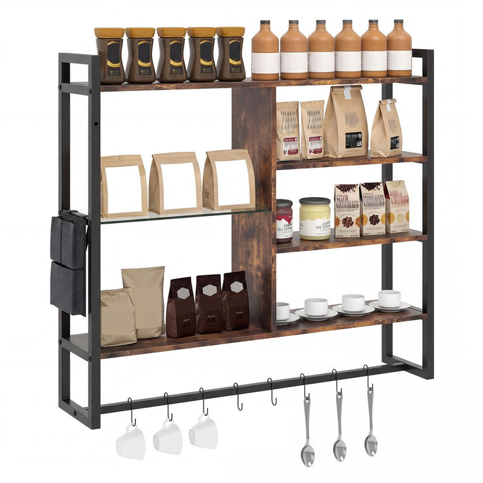 6-Tier Industrial Floating Shelves with 8 S-Hooks and Removable Side Pocket for Kitchen