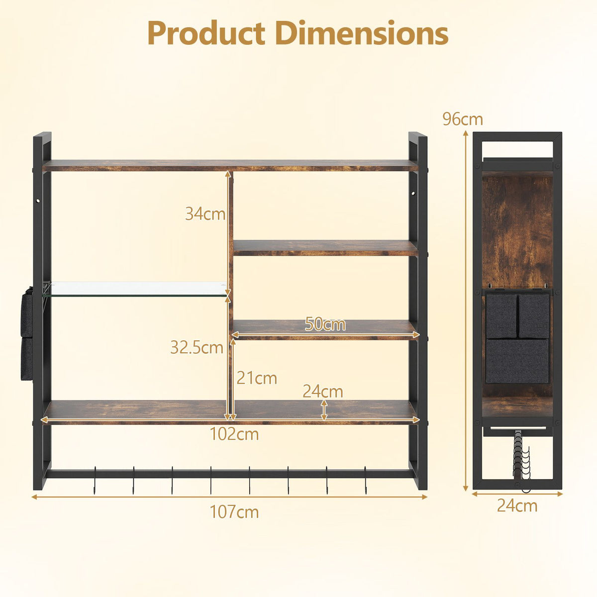 6-Tier Industrial Floating Shelves with 8 S-Hooks and Removable Side Pocket for Kitchen
