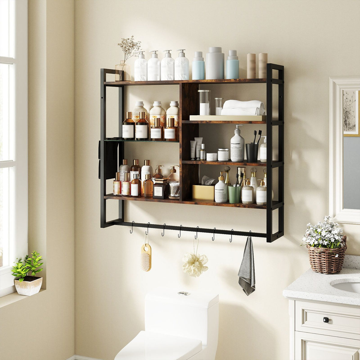 6-Tier Industrial Floating Shelves with 8 S-Hooks and Removable Side Pocket for Kitchen