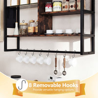 6-Tier Industrial Floating Shelves with 8 S-Hooks and Removable Side Pocket for Kitchen