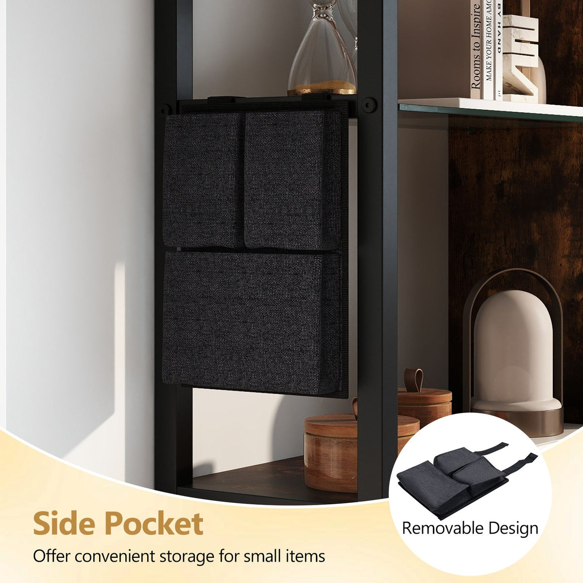 6-Tier Industrial Floating Shelves with 8 S-Hooks and Removable Side Pocket for Kitchen