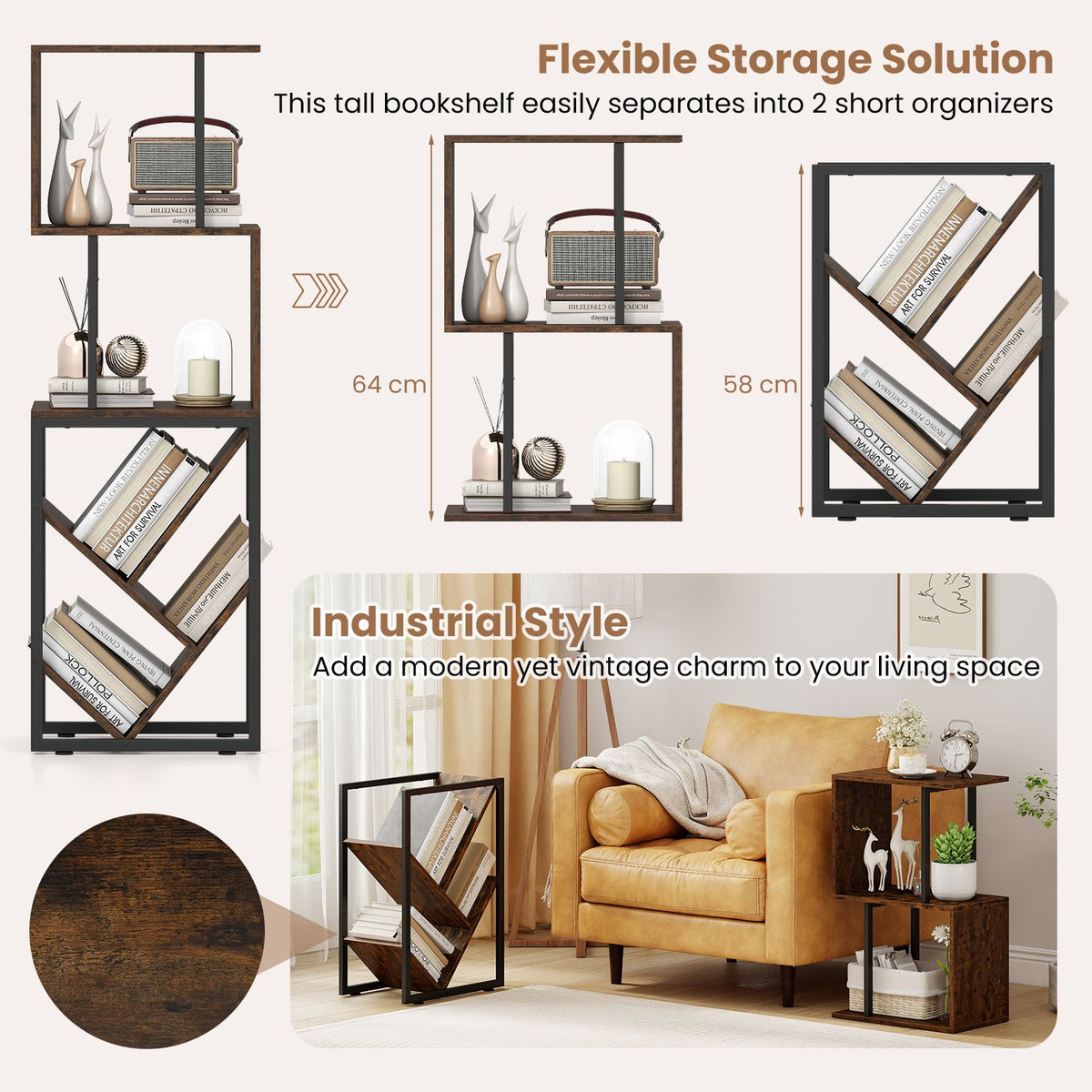 6-Tier Bookshelf with Open Display Shelves and Freestanding Storage Organizer for Living Room