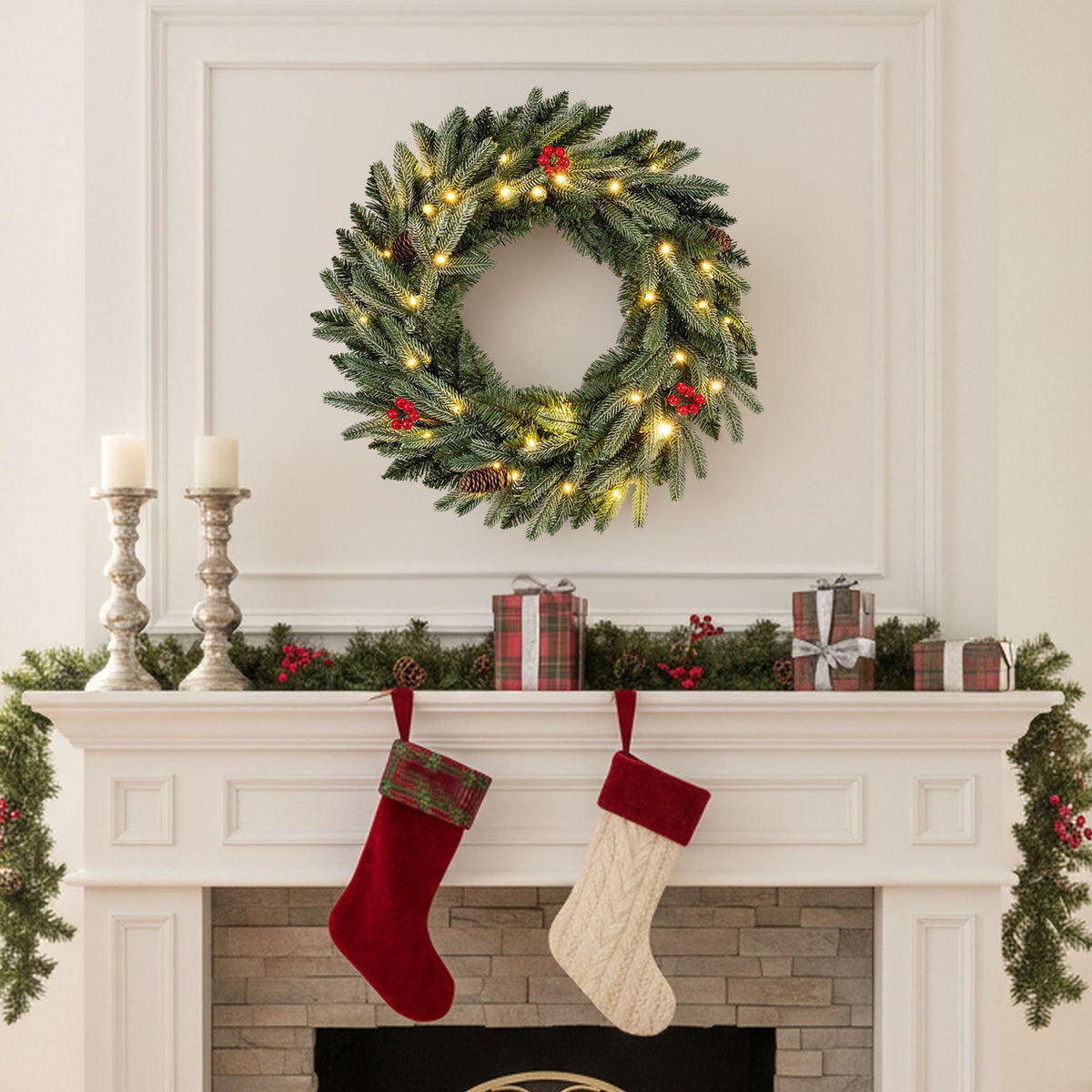 60cm Pre-lit Christmas Wreath Set of 1/2 with 90 Frosted Branch Tips and 20 Warm White LED Lights