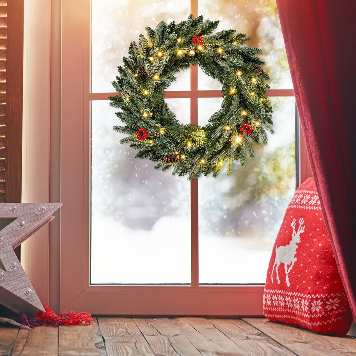 60cm Pre-lit Christmas Wreath Set of 1/2 with 90 Frosted Branch Tips and 20 Warm White LED Lights