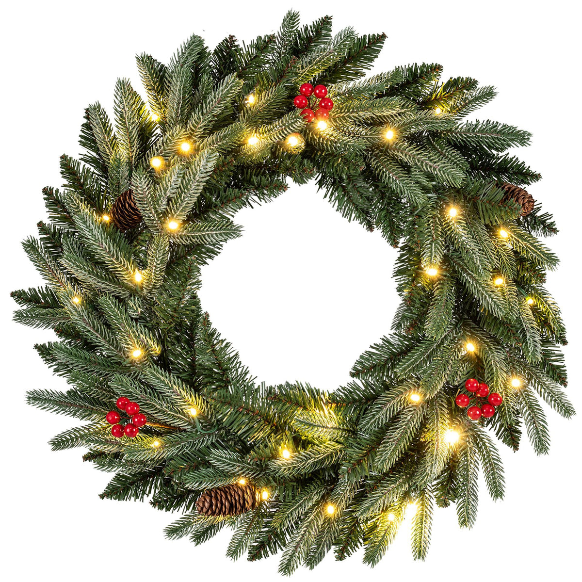 60cm Pre-lit Christmas Wreath Set of 1/2 with 90 Frosted Branch Tips and 20 Warm White LED Lights