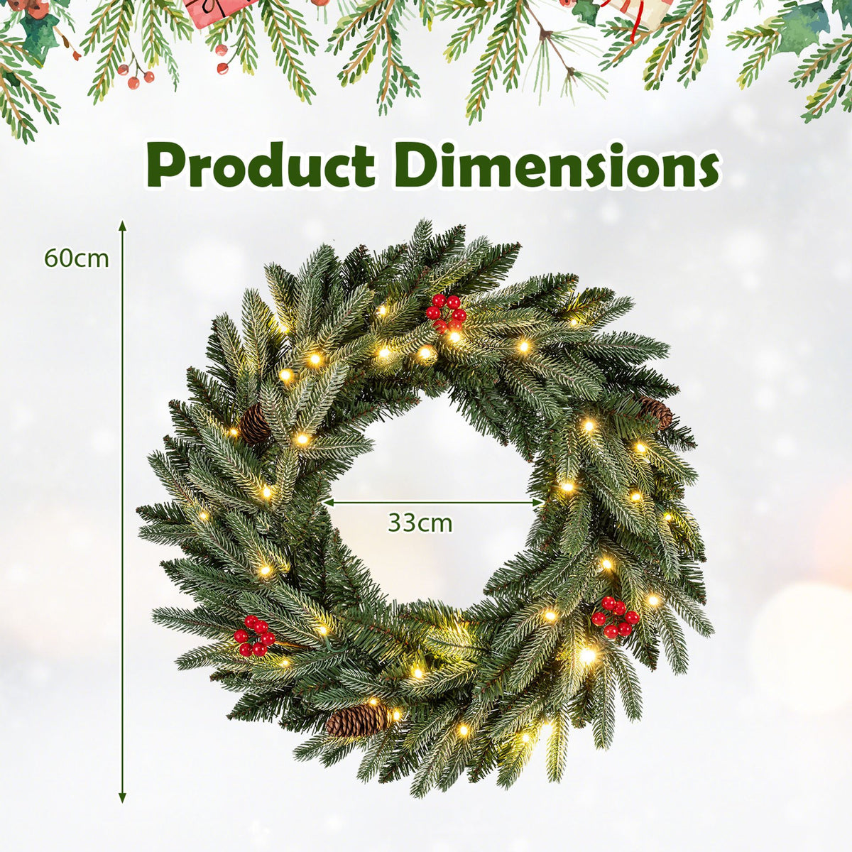 60cm Pre-lit Christmas Wreath Set of 1/2 with 90 Frosted Branch Tips and 20 Warm White LED Lights