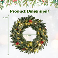 60cm Pre-lit Christmas Wreath Set of 1/2 with 90 Frosted Branch Tips and 20 Warm White LED Lights