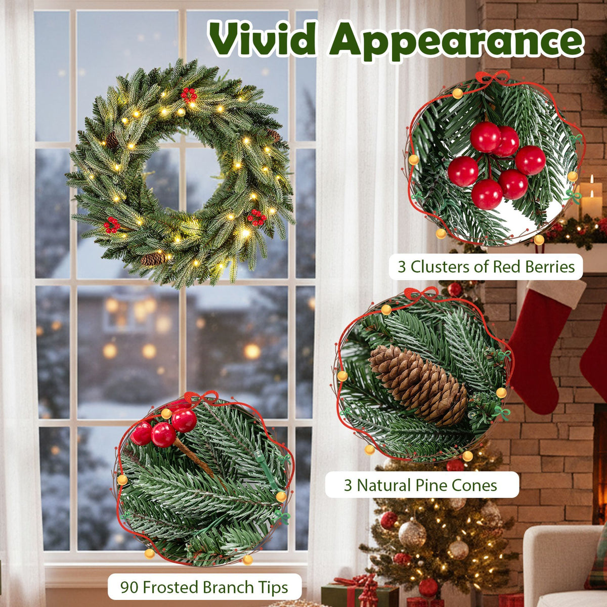 60cm Pre-lit Christmas Wreath Set of 1/2 with 90 Frosted Branch Tips and 20 Warm White LED Lights