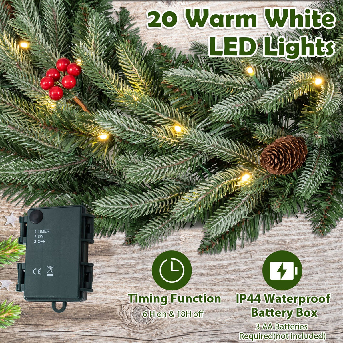 60cm Pre-lit Christmas Wreath Set of 1/2 with 90 Frosted Branch Tips and 20 Warm White LED Lights