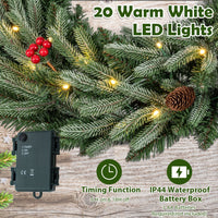 60cm Pre-lit Christmas Wreath Set of 1/2 with 90 Frosted Branch Tips and 20 Warm White LED Lights