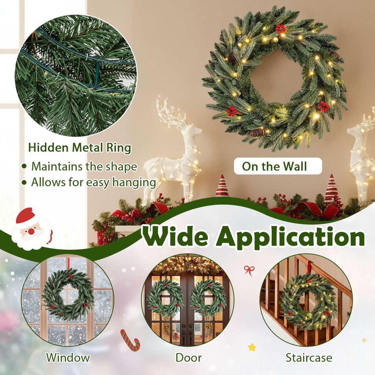 60cm Pre-lit Christmas Wreath Set of 1/2 with 90 Frosted Branch Tips and 20 Warm White LED Lights