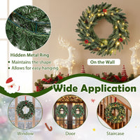 60cm Pre-lit Christmas Wreath Set of 1/2 with 90 Frosted Branch Tips and 20 Warm White LED Lights