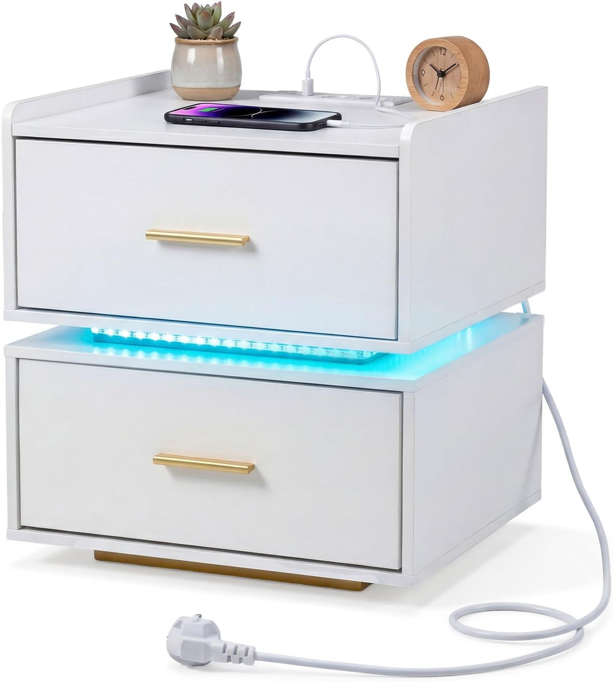 Nightstand with Charging Station, LED Bedside Table with 2 Storage Drawers