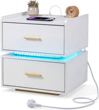 Nightstand with Charging Station, LED Bedside Table with 2 Storage Drawers