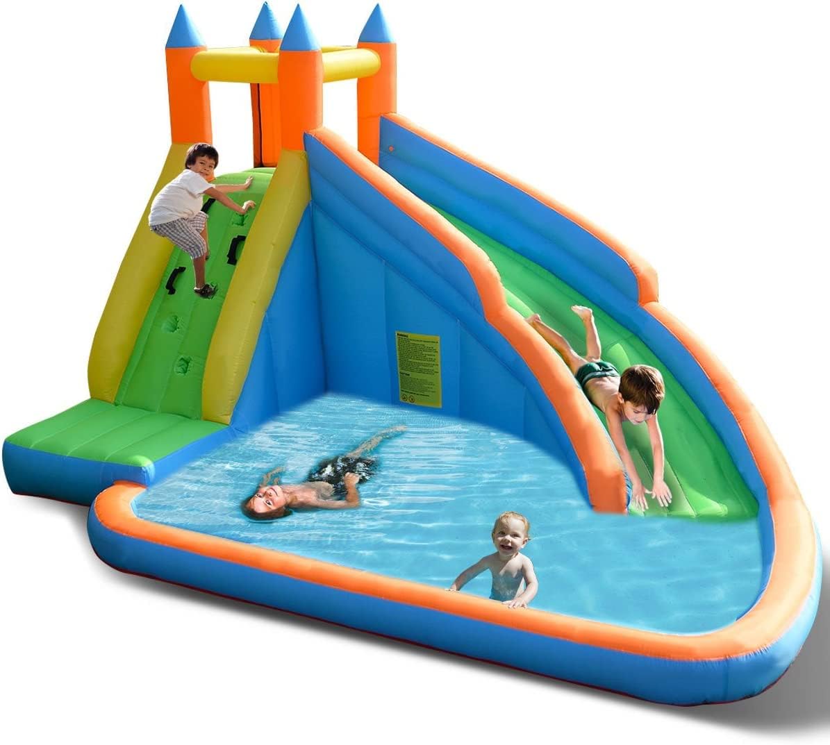 Inflatable Water Slide Bouncer, Children Wet & Dry Bounce House with Climbing Wall (with 450W Blower)
