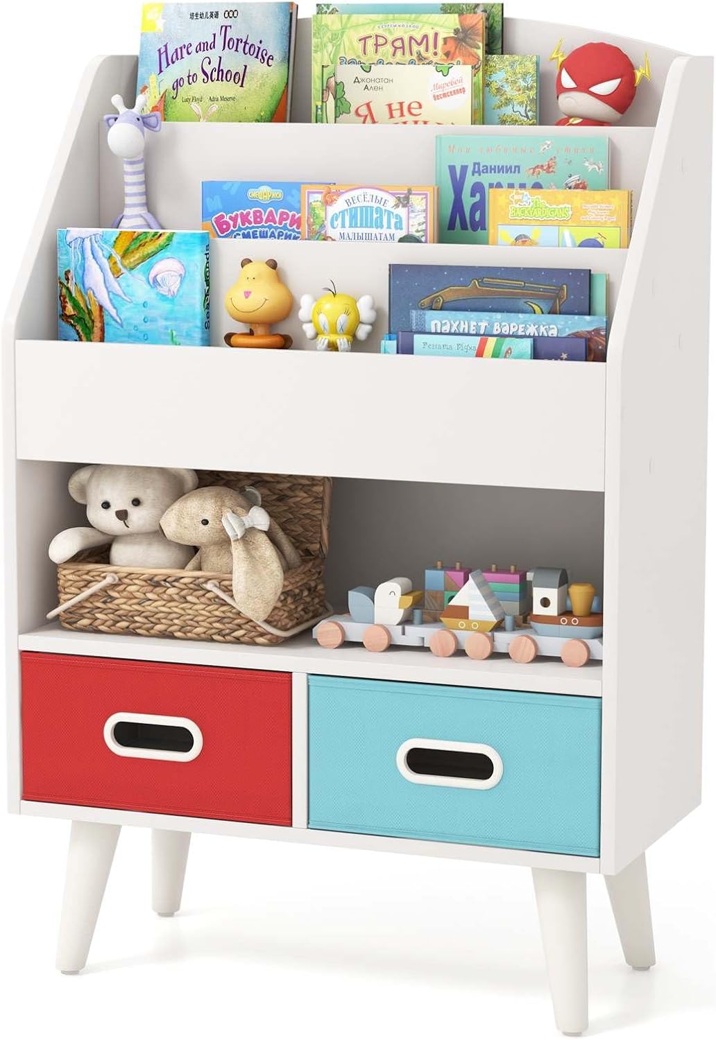Kids Bookshelf Book Display Rack with 3-Tier Bookshelves and 2 Drawers