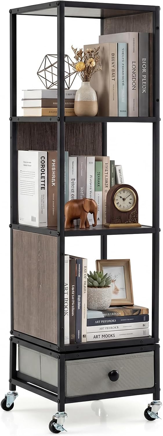 4-Tier Rotating Bookshelf on Wheels, 360° Spinning Corner Book Shelf Tower