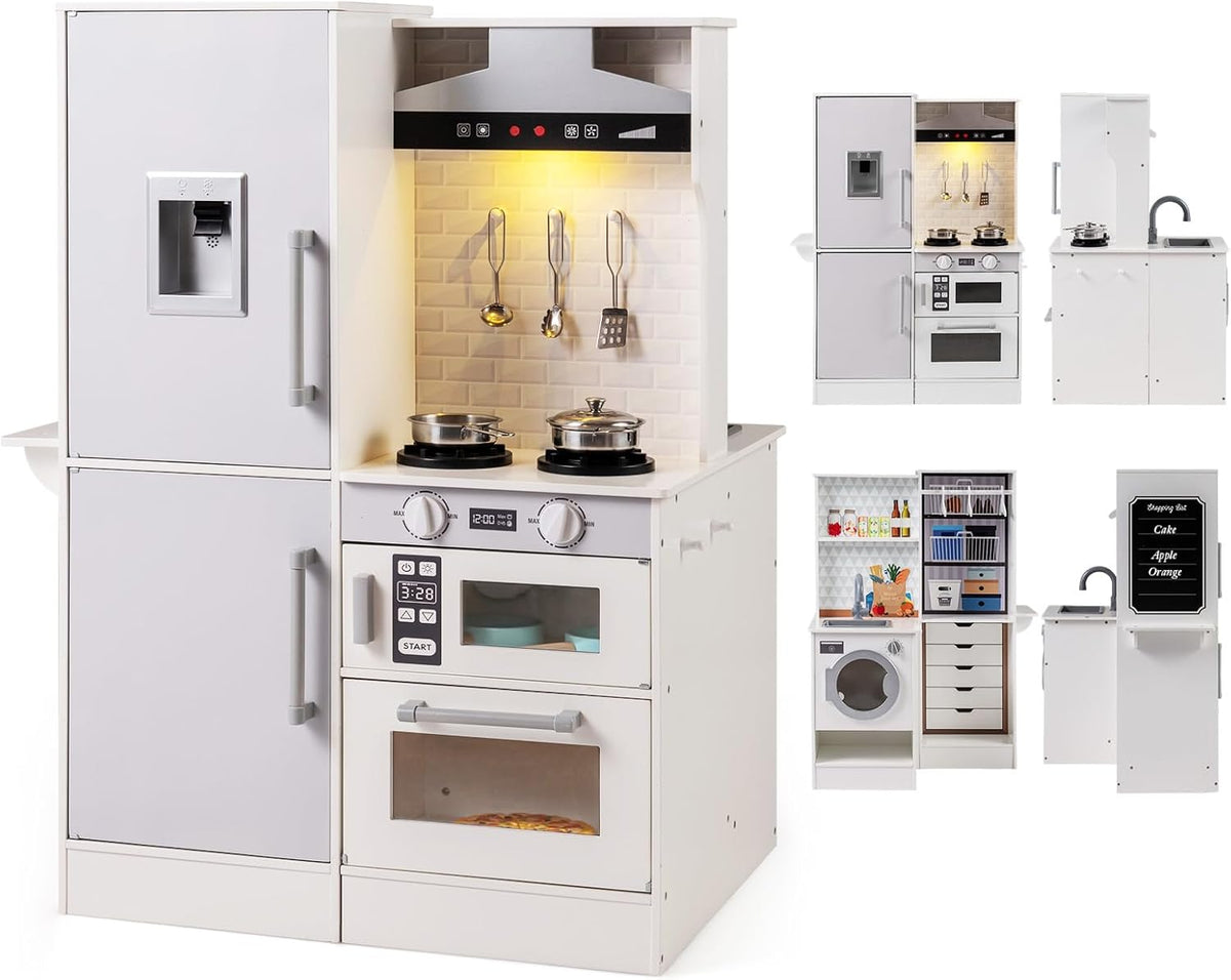 Dual-Sided Kids Play Kitchen, Wooden Kitchen Playset w/Water Dispenser