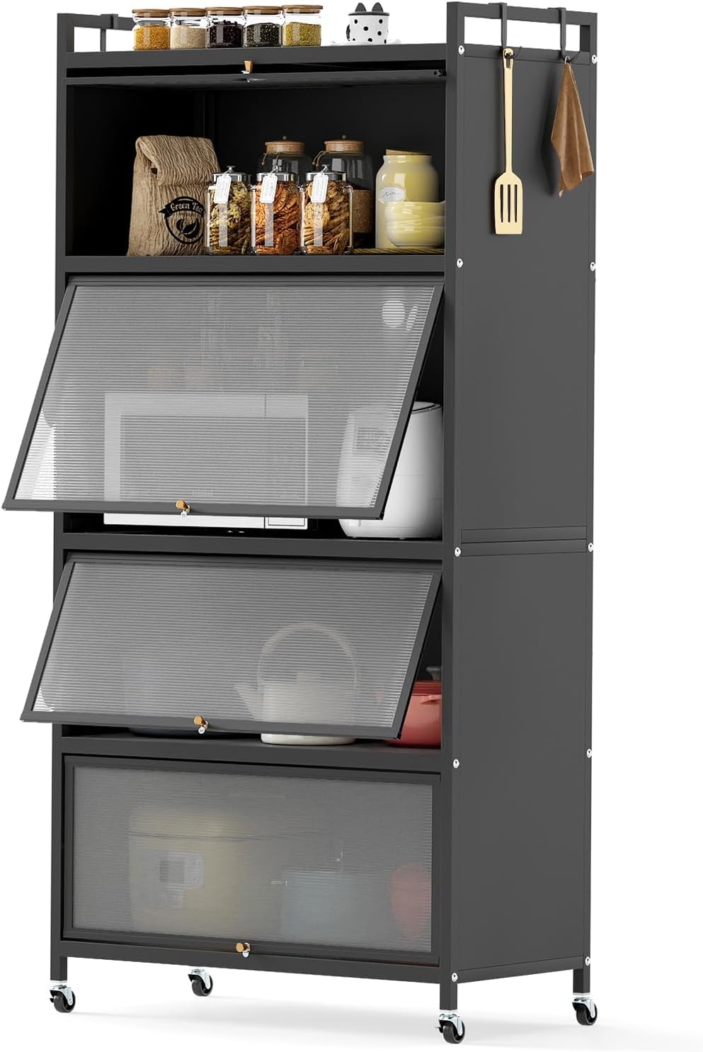 1.6 m Tall Freestanding Metal Pantry with 4 Flip-up Doors and 5-Tier