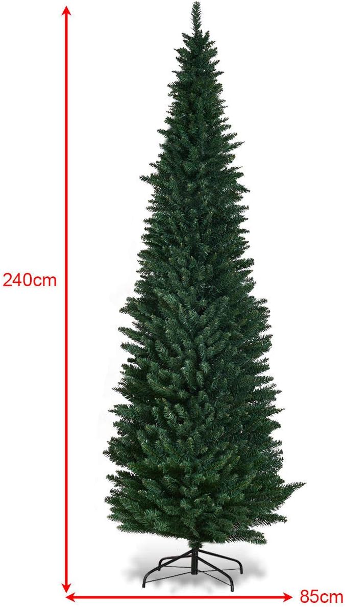 1.5/1.8/2.1/2.4/2.7 M Green Pencil Christmas Tree with 400 PVC Branch Tips and Foldable Sturdy Metal Stand