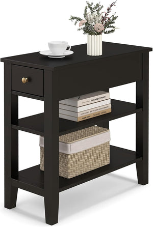 Giantex 3-Tier End Table w/Drawer Side Table with One Drawer and Double Shelves Narrow Tiered Nightstand for Bedroom