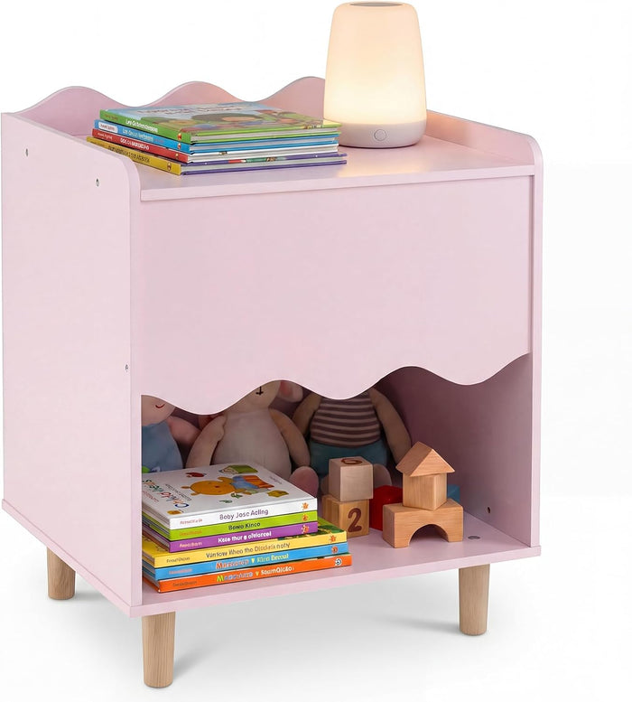 Kids Bedside Table, Toddler Nightstand with Wide Top & Open Compartment, Solid Rubber Wood Legs