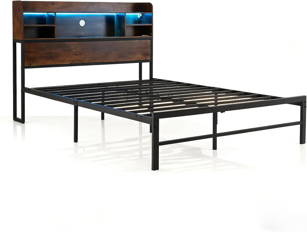 Double/Queen Size Bed Frame with LED Lights and Charging Station