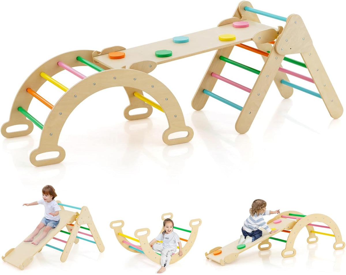 Kids Triangle Climbing Toys Set, 5 in 1 Toddler Wooden Climbing Gym Arch Rocking Playset