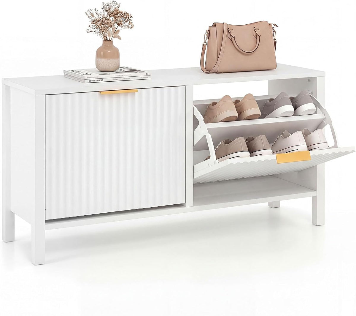 100CM Shoe Storage Bench, Narrow Wooden Entryway Bench with 2 Flip Drawers