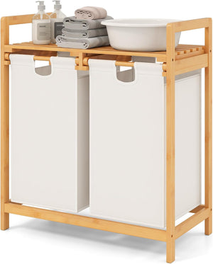 Giantex Bamboo Laundry Hamper with Dual Compartments, 2-Section Laundry Sorter Basket, Natural