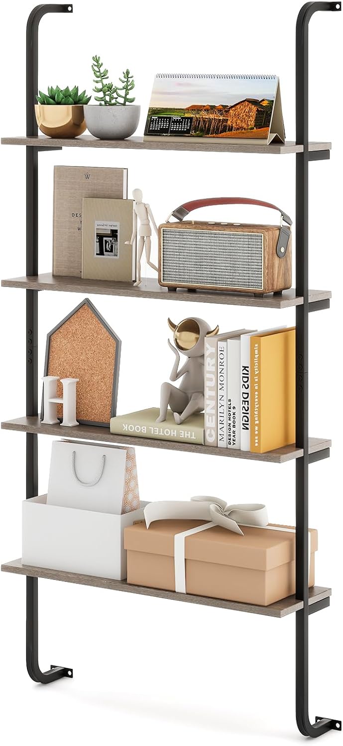 4-Tier Industrial Pipe Shelving Wall Mounted Wood Floating Shelves for Home