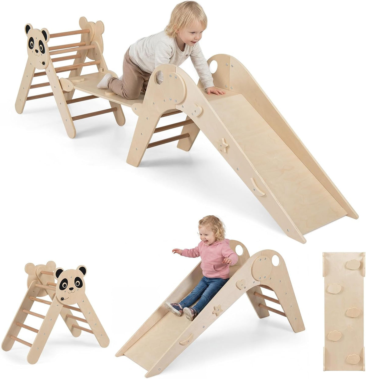 Foldable Panda-Themed Wood Montessori Climbing Set, Indoor Children Playground Jungle Gym