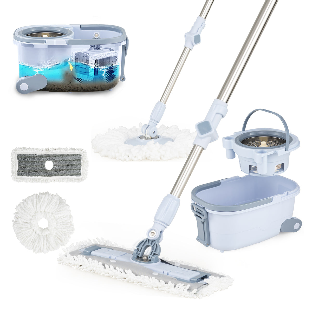 Flat Floor Mop and Bucket System with Mope Heads, Clean and Dirty Water Separation