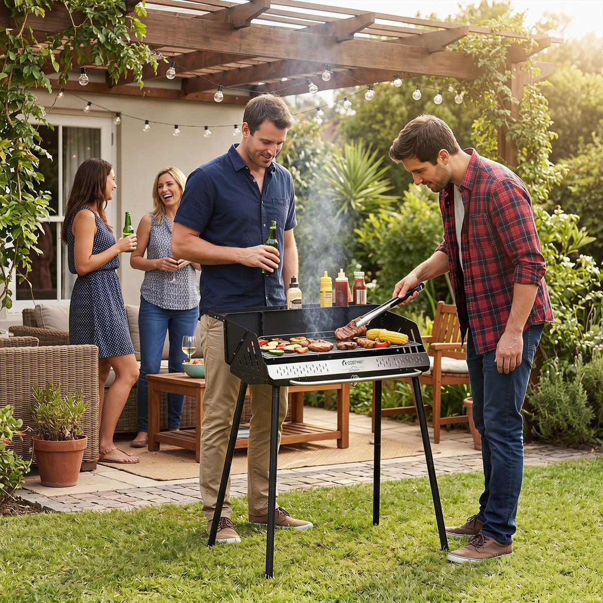 64 x 25 CM Portable Charcoal Grill with Detachable 2-Section Legs and 2-Level Adjustable Grate