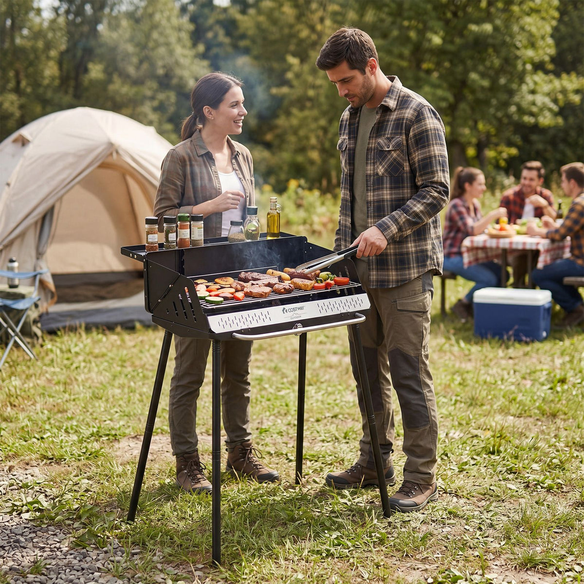 64 x 25 CM Portable Charcoal Grill with Detachable 2-Section Legs and 2-Level Adjustable Grate