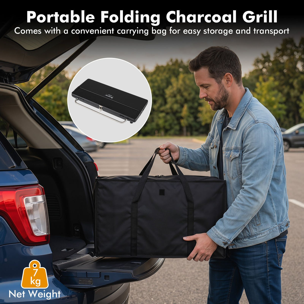 64 x 25 CM Portable Charcoal Grill with Detachable 2-Section Legs and 2-Level Adjustable Grate