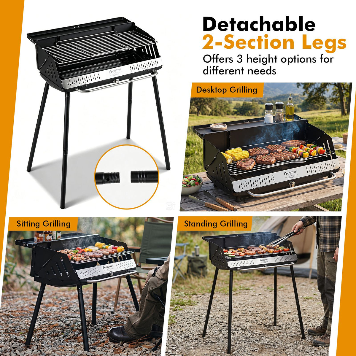 64 x 25 CM Portable Charcoal Grill with Detachable 2-Section Legs and 2-Level Adjustable Grate