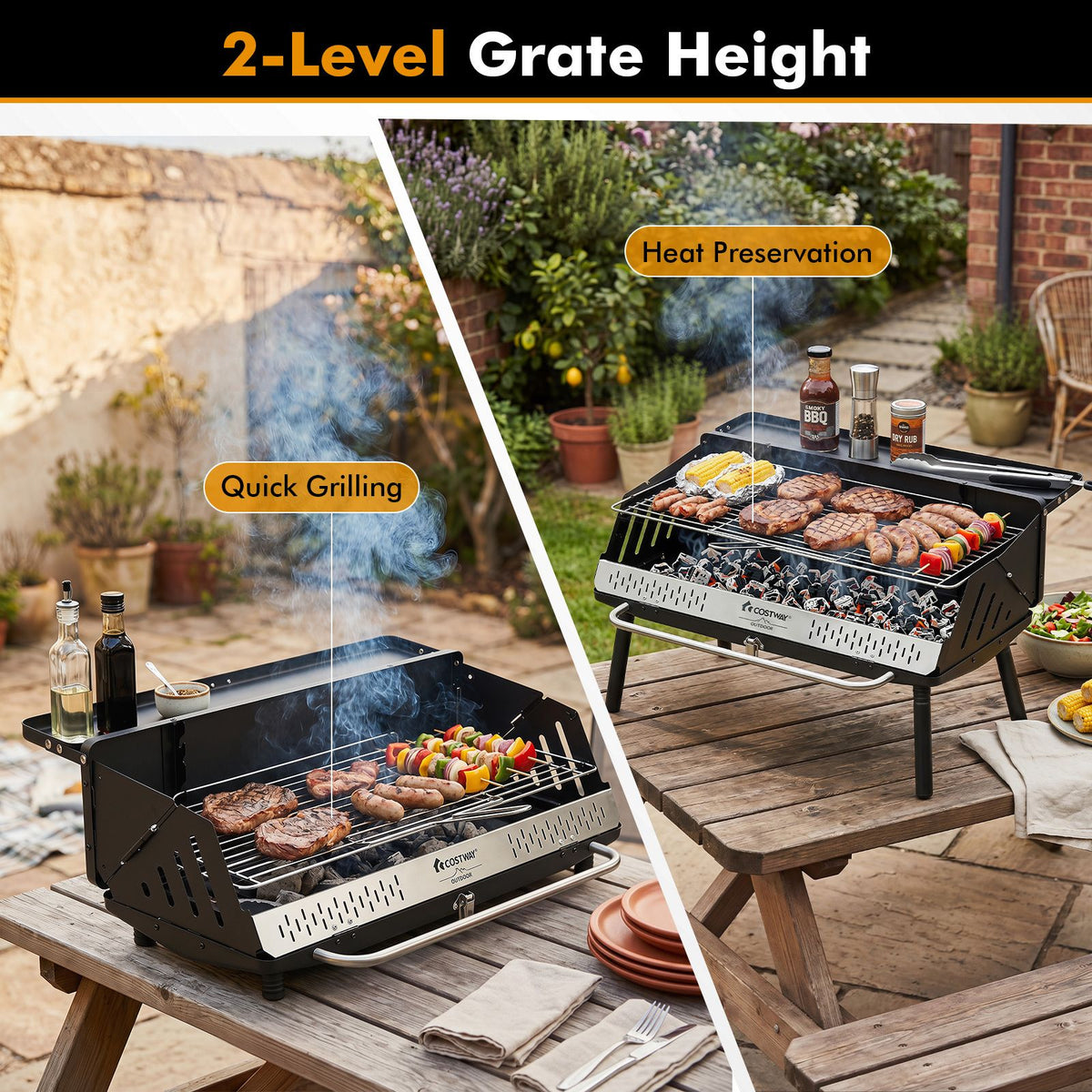 64 x 25 CM Portable Charcoal Grill with Detachable 2-Section Legs and 2-Level Adjustable Grate
