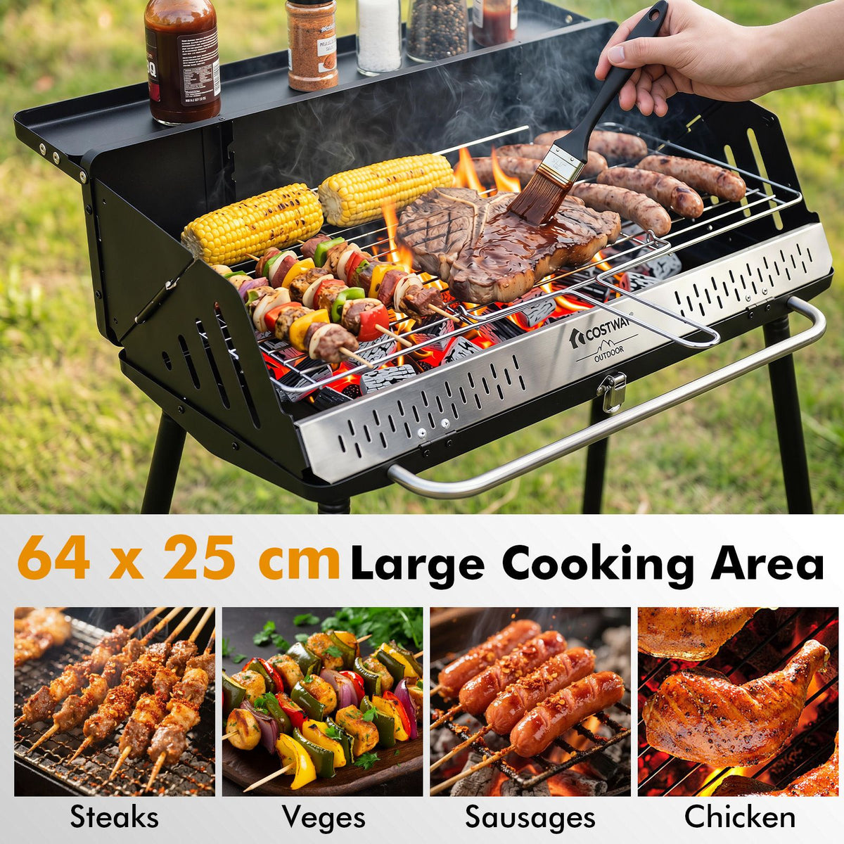 64 x 25 CM Portable Charcoal Grill with Detachable 2-Section Legs and 2-Level Adjustable Grate