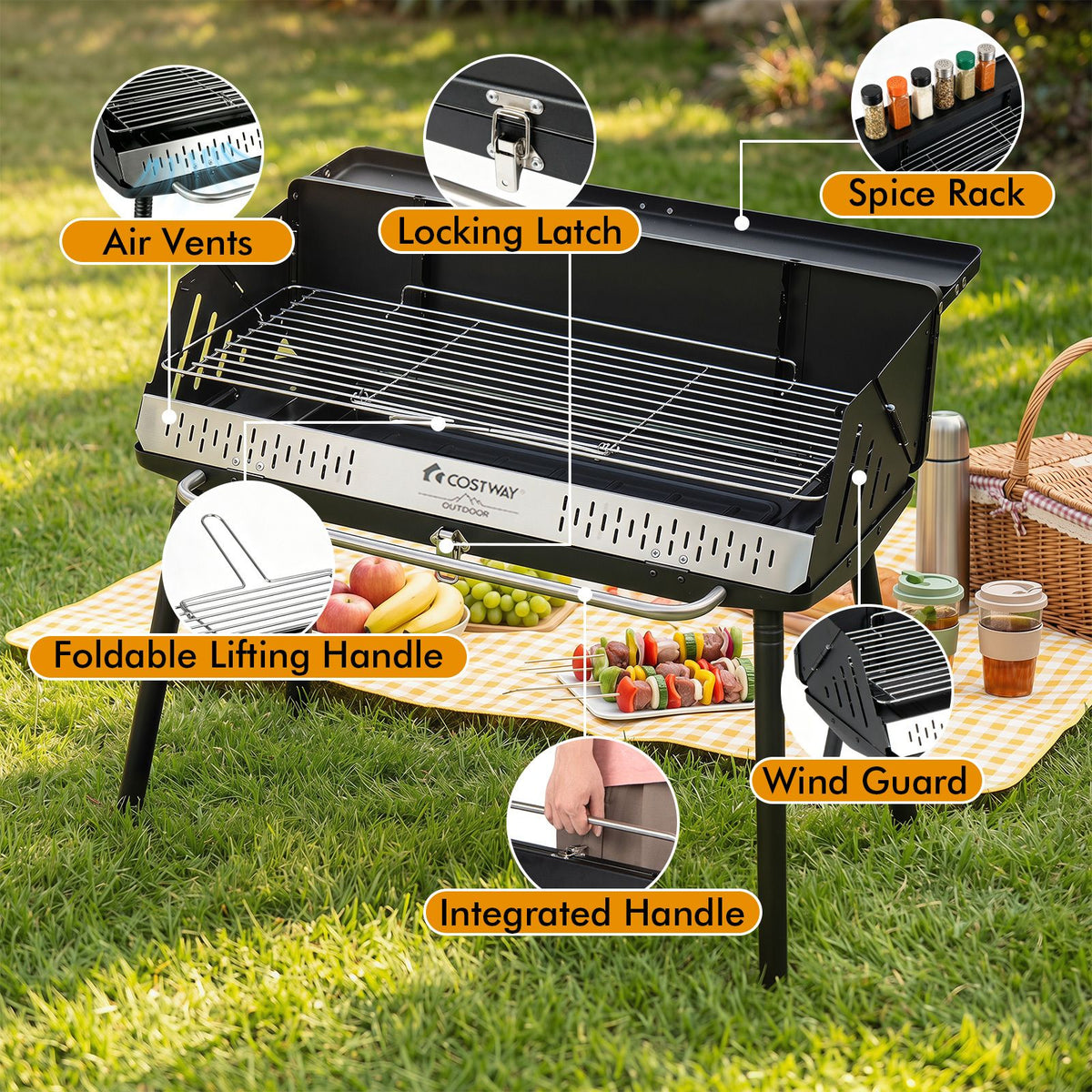 64 x 25 CM Portable Charcoal Grill with Detachable 2-Section Legs and 2-Level Adjustable Grate